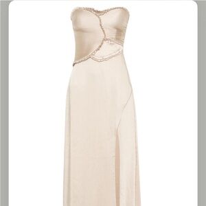Meshki silk dress 

Satin Maxi Dress With Ruched Petals - Blush Gold